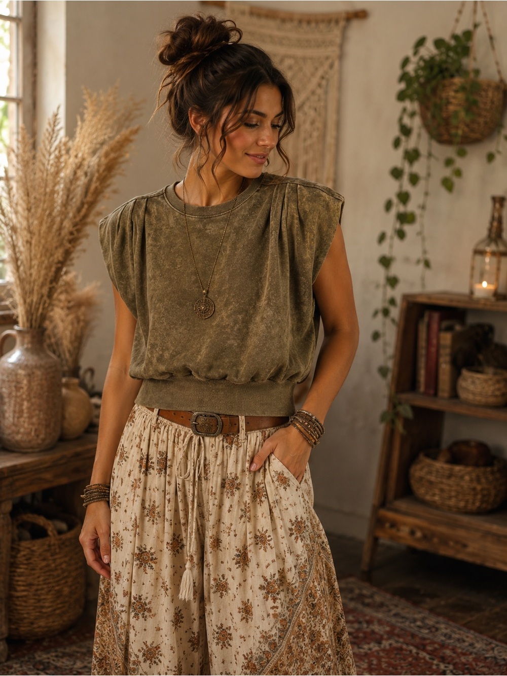 Zenana Outfitters Olive Puff Sleeve Short Sleeve Top - Picture 2 of 4